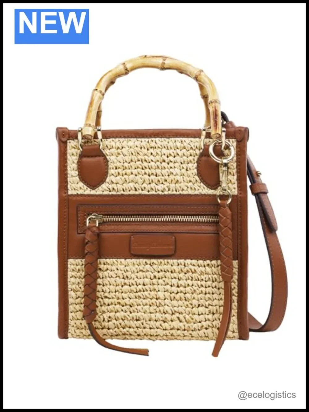 Raffia Tote Bag with Bamboo Handle, Leather Trim, Structured Summer Handbag